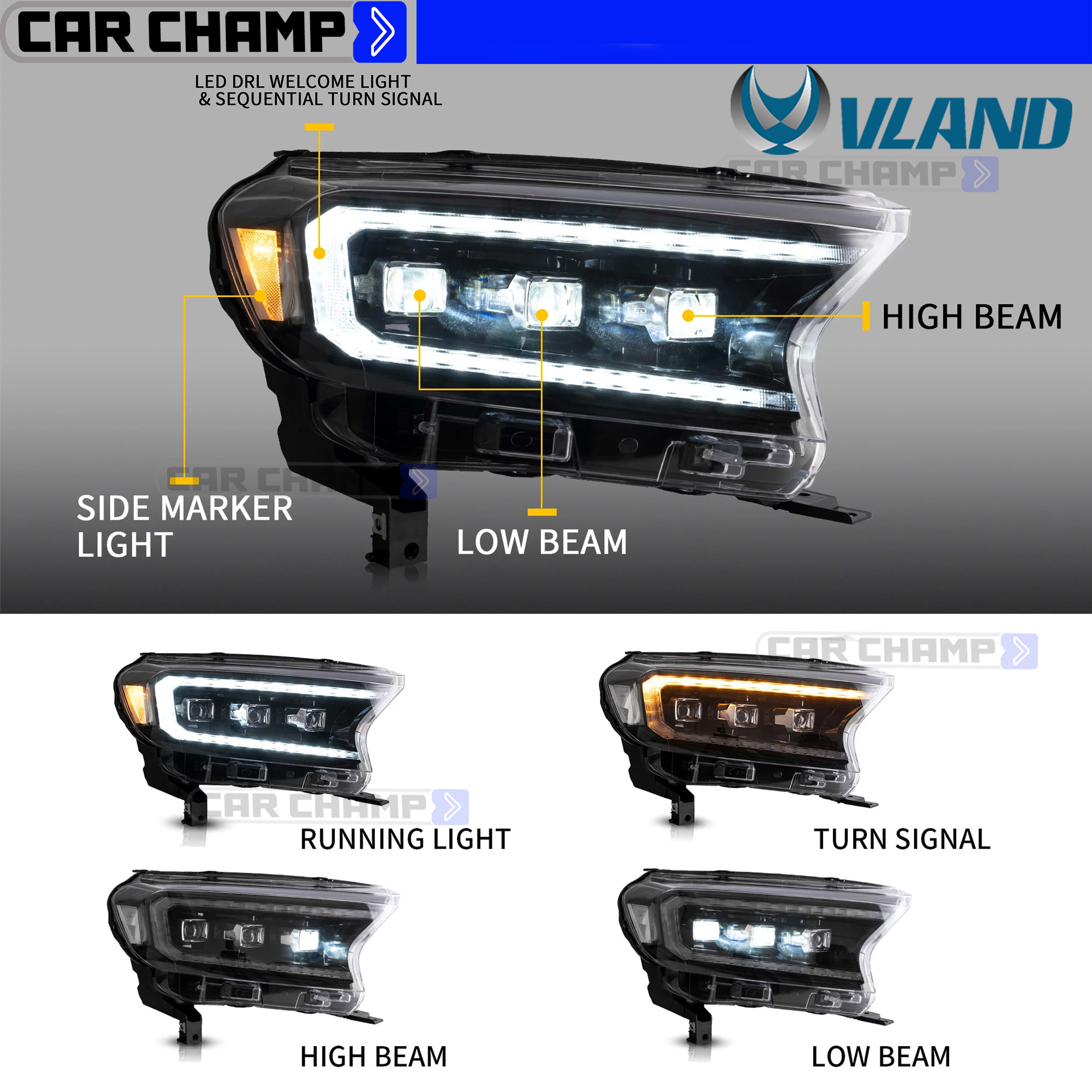 thumbnail image 2 of VLAND For 2016-2021 Ford Ranger Projector FULL LED Headlights 2 of 14