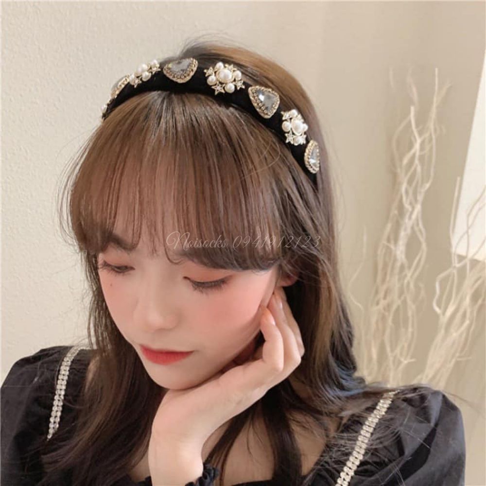[Sỉ lẻ] Bờm nhung lụa đen đính đá Thời Trang, Bờm cài tóc Retro Nhung Hàn Quốc - Noisocks