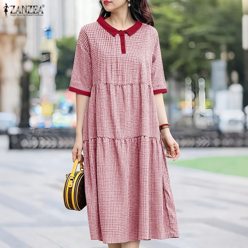ZANZEA Korean Style Women Vintage Casual Short Sleeve Lapel Dresses Grid Printed Contrast Color Midi Dress #0126 | Daraz.lk ZANZEA Korean Style Women Vintage Casual Short Sleeve Lapel Dresses Grid Printed Contrast Color Midi Dress #0126 | Daraz.lk