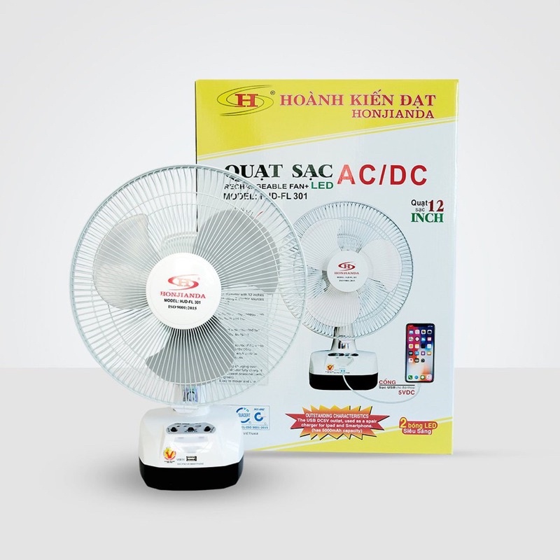 QUẠT SẠC HONJIANDA HJD - FL 301 LED (Lồng xoay)