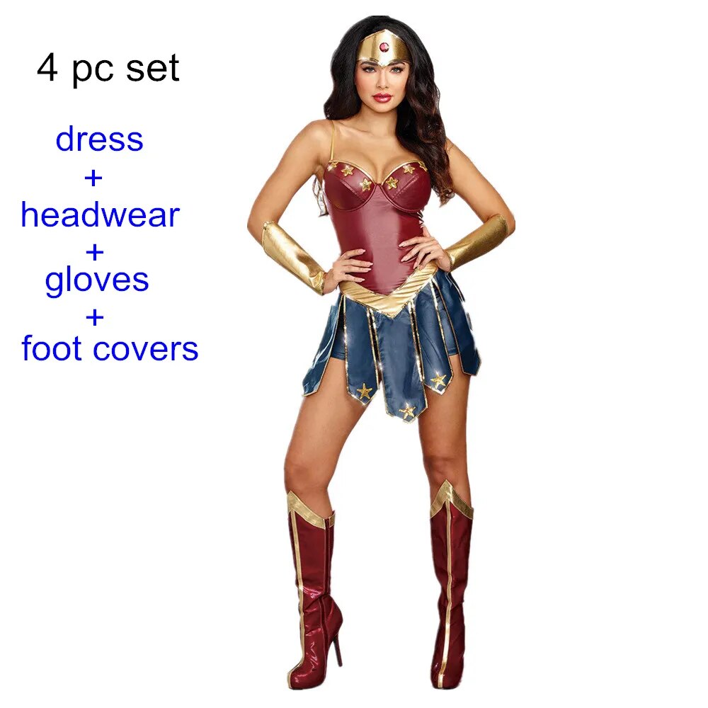 3Pcs Adult Wonder Women Costume Superhero Superwomen Halloween Cosplay Fancy Dress