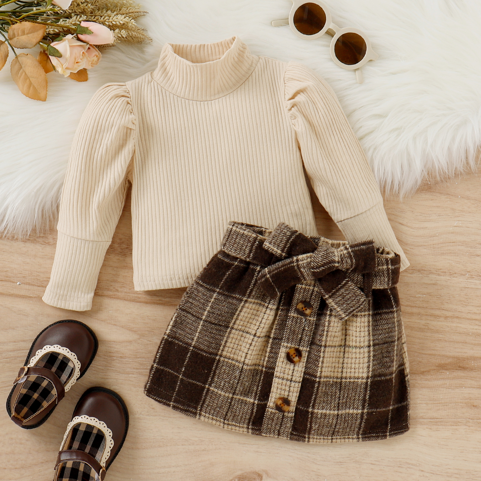 【In-Demand Item】 2PCS Autumn And Winter 1-4 Year Old Girls And Baby Trendy And Fashionable Solid Color High-Necked Top + Plaid Skirt Suit.