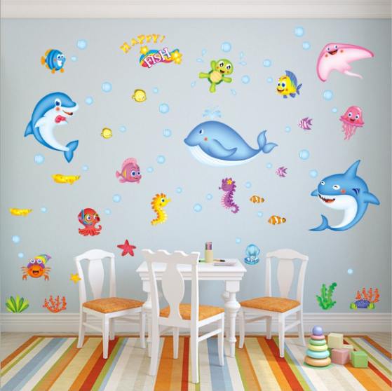 Decal trang trí tường - đàn cá xanh vui nhộn