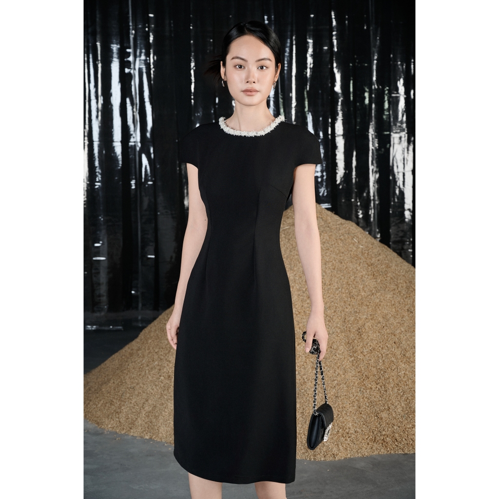 Rập - đầm cổ tròn đính dây tweed tay ngắn thân bút chì - hemerald 06