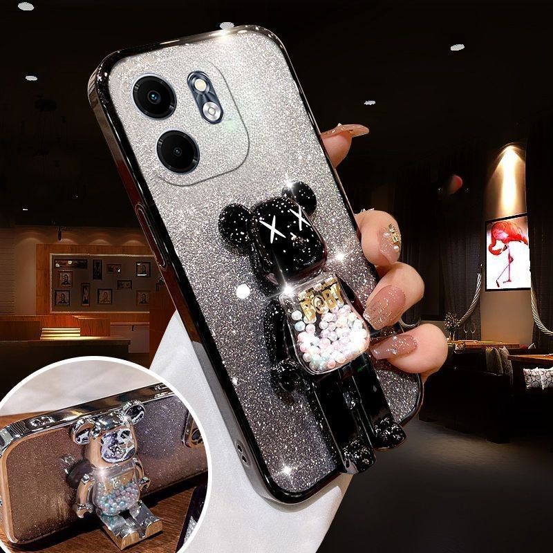 For infinix Smart 9 Case with Cartoon 3D Bear Stand Luxury Slim Gradient Plating Glitter Girls Stylish For infinix Smart9 Back Cover. 