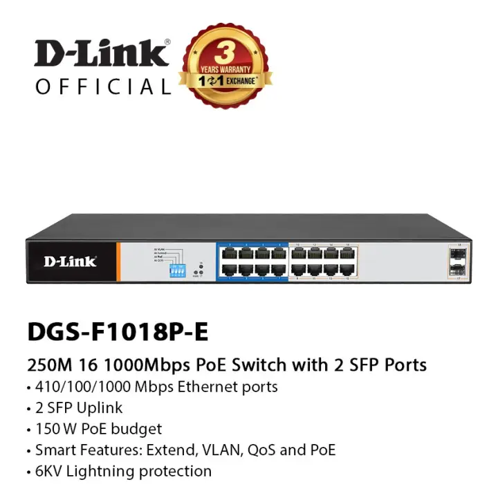 D Link Dgs F1018p E 250m Distance 18 Port 10 100 1000 Switch With 16 Poe