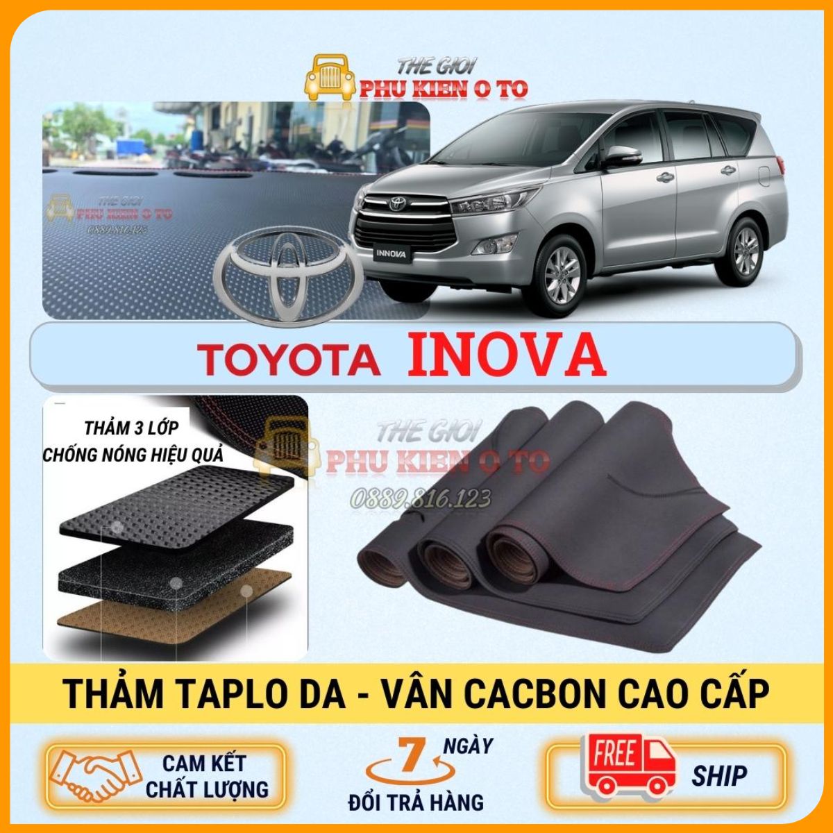 Thảm taplo Toyota Innova 2006 - 2022 da Cacbon 3 lớp cao cấp, chống nóng ô tô hiệu quả