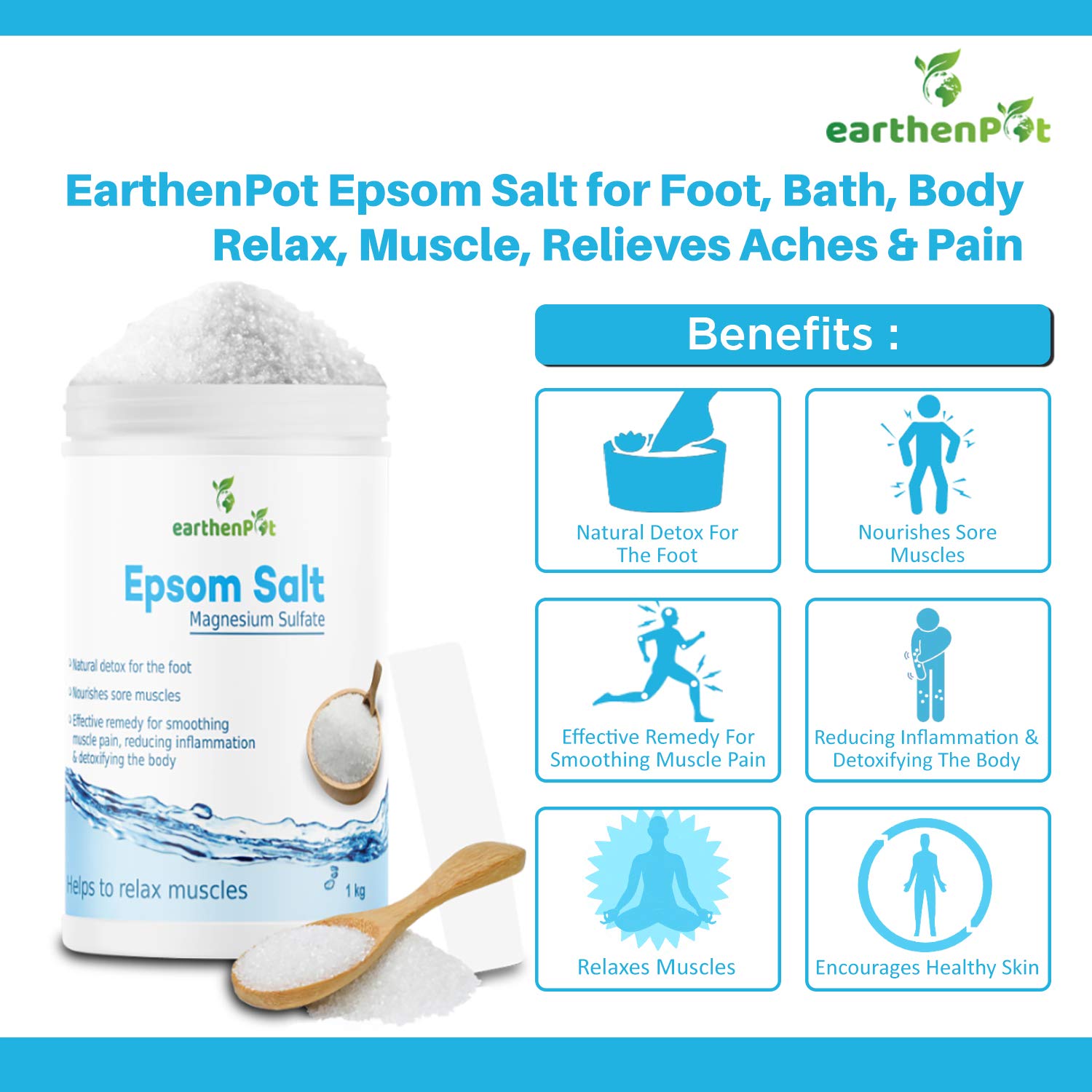 EarthenPot, Epsom Salt granule for Foot Bath Body Relax Muscle Relieves Aches Pain, 500 gram. 