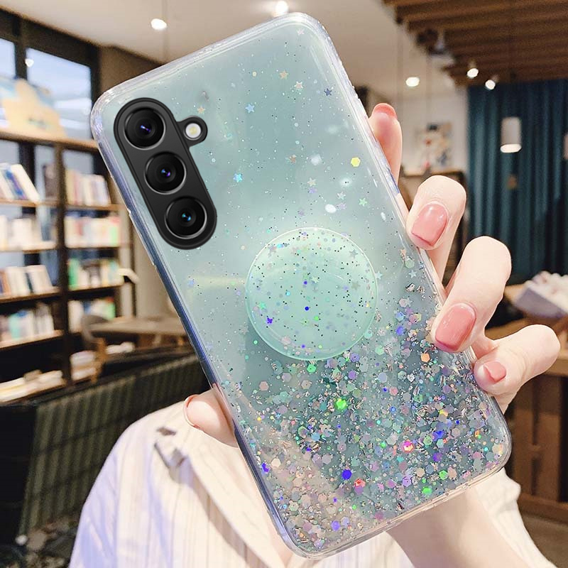 Phone Cover Samsung M35 A35 Back case Glittering Soft Stars Moon Sequins Folding Stand Transparent Silicone Anti Drop For Galaxy A35 M35 Phone cases.