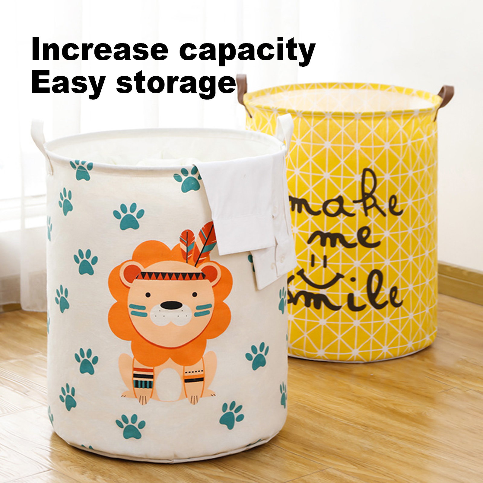 homesir Folding Laundry Basket Large Capacity Cartoon Pattern Sturdy Handle Comfortable Grip Cotton Cute Animal Print Socks Underwear Laundry Hamper Household Products