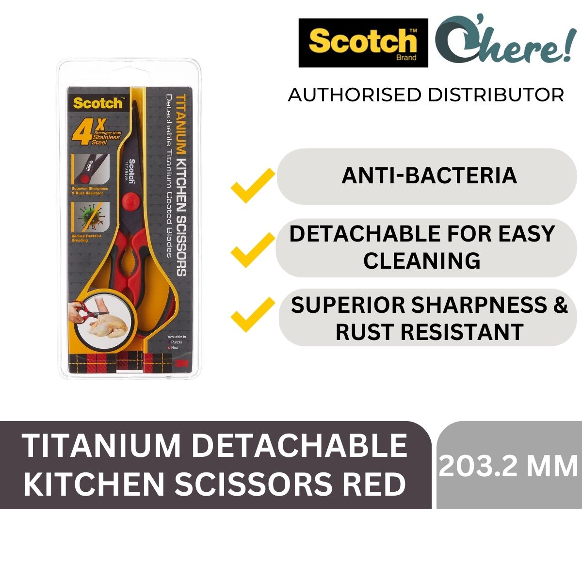 3M Scotch Anti-Bacterial Titanium Detachable Kitchen Scissors Red