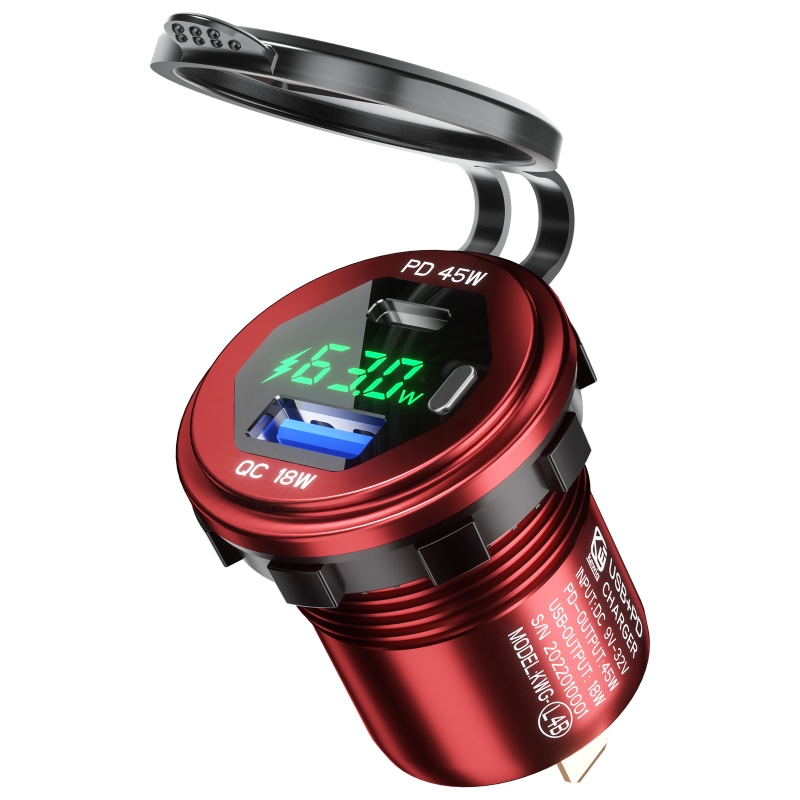Metal 63W QC3.0 USB+Type C USB C PD Fast Car Charger with Voltage/Power Display