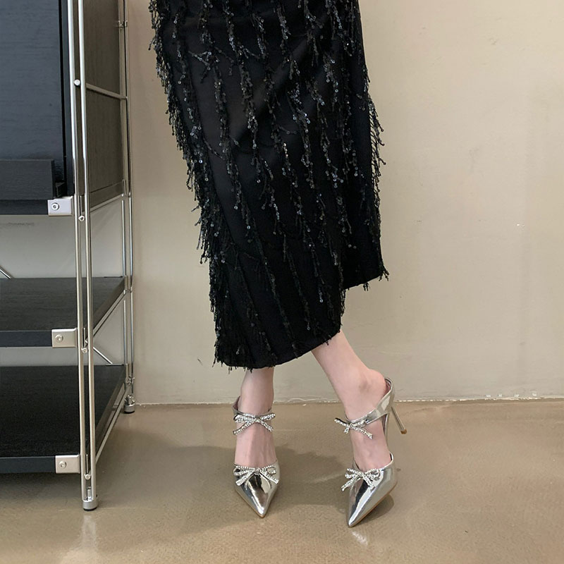 Women's high heels high-end silver rhinestone bow pointed heels