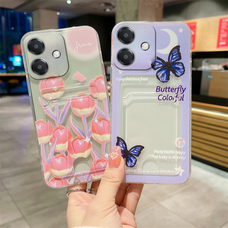For OPPO A3X Case Card Holder Wallet Butterfly tulip Transparent Soft Case For OPPO A3X Back Cover. 