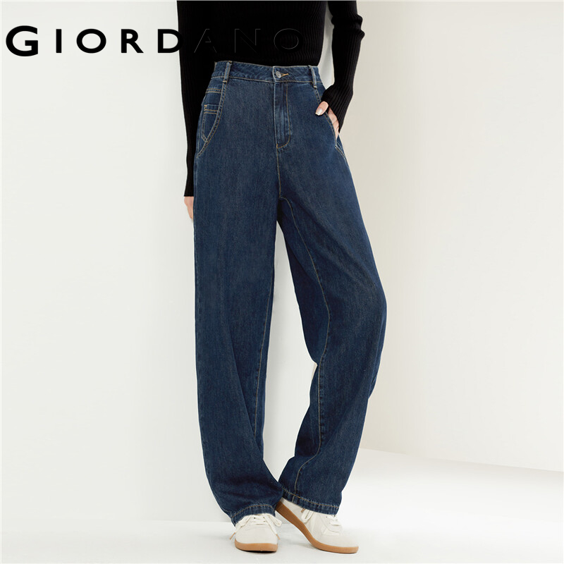 Giordano women jeans multi-pocket high waist washed denim pants wide leg simple fashion casual loose denim jeans 18413208