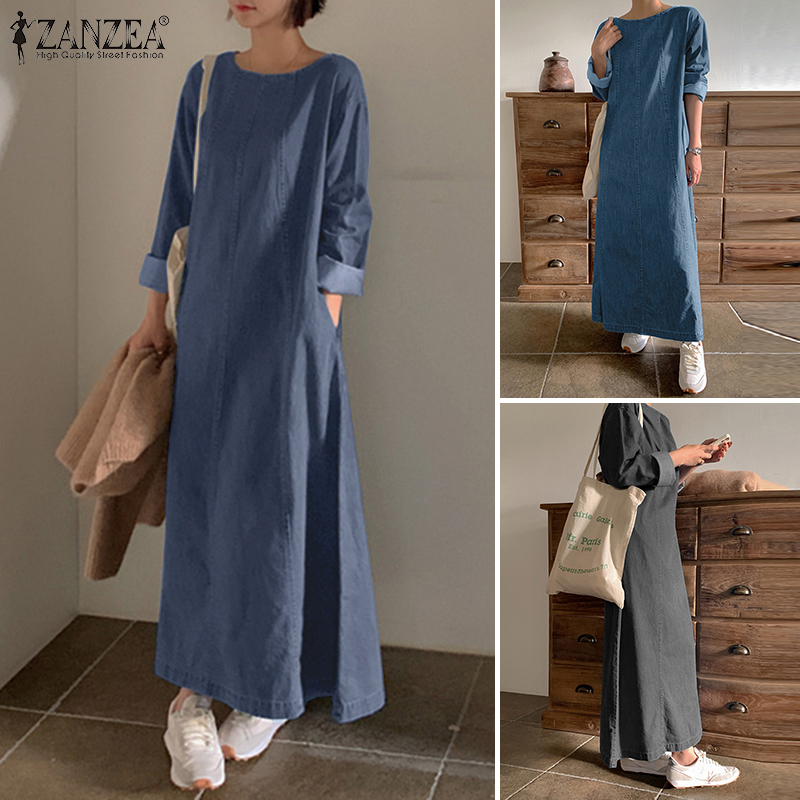 ZANZEA%20Korean%20Style%20Women's%20Dresses%20New%20Fashion%20O-Neck%20Full%20Sleeve%20Buttons%20Plain%20Loose%20Denim%20Dress%20-%20Image%205
