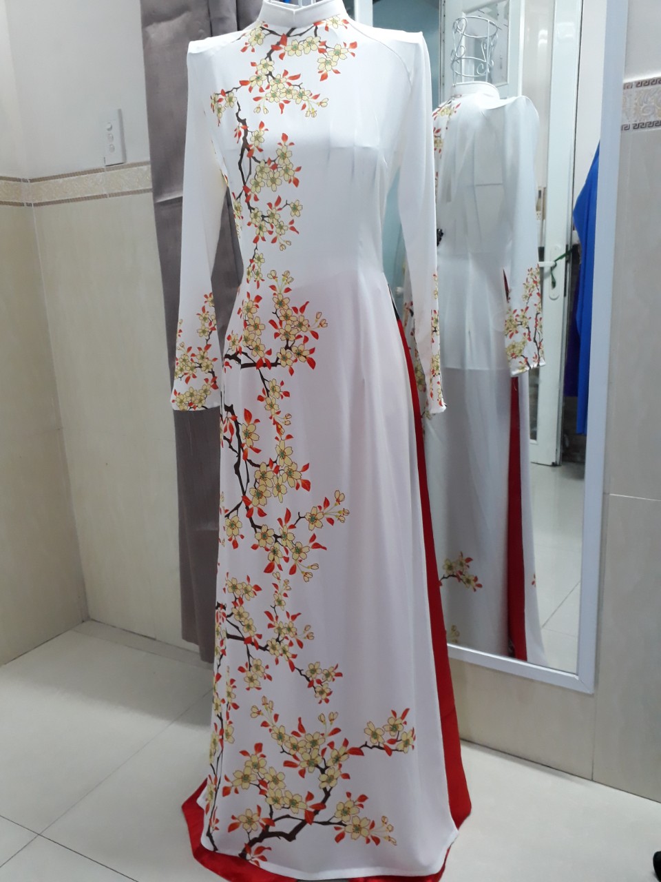 [HCM]Áo dài CAO CẤP - Trắng hoa mai-kèm quần