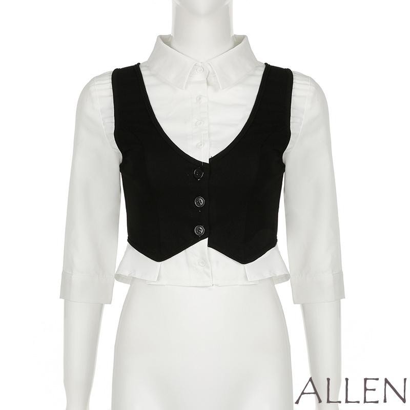 Women´s Button Down Shirts Half Sleeve Lapel Collar Patchwork Crop Tops Summer Slim Fit Shirts
