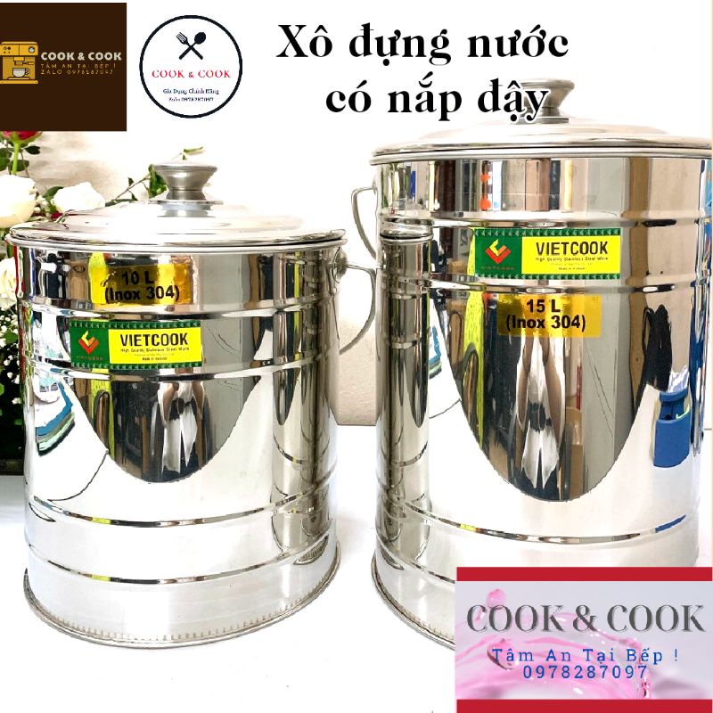 Xô inox đựng nước 10, 15, 20 lít vietcook có nắp đậy inox 304