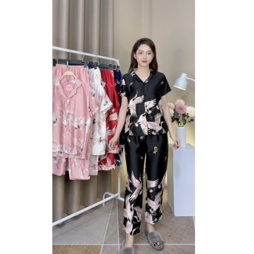 Bộ Pizama lụa mango - 💖Bộ lụa tay cộc - quần dài họa tiết con hạc [ẢNH CHỤP THẬT]