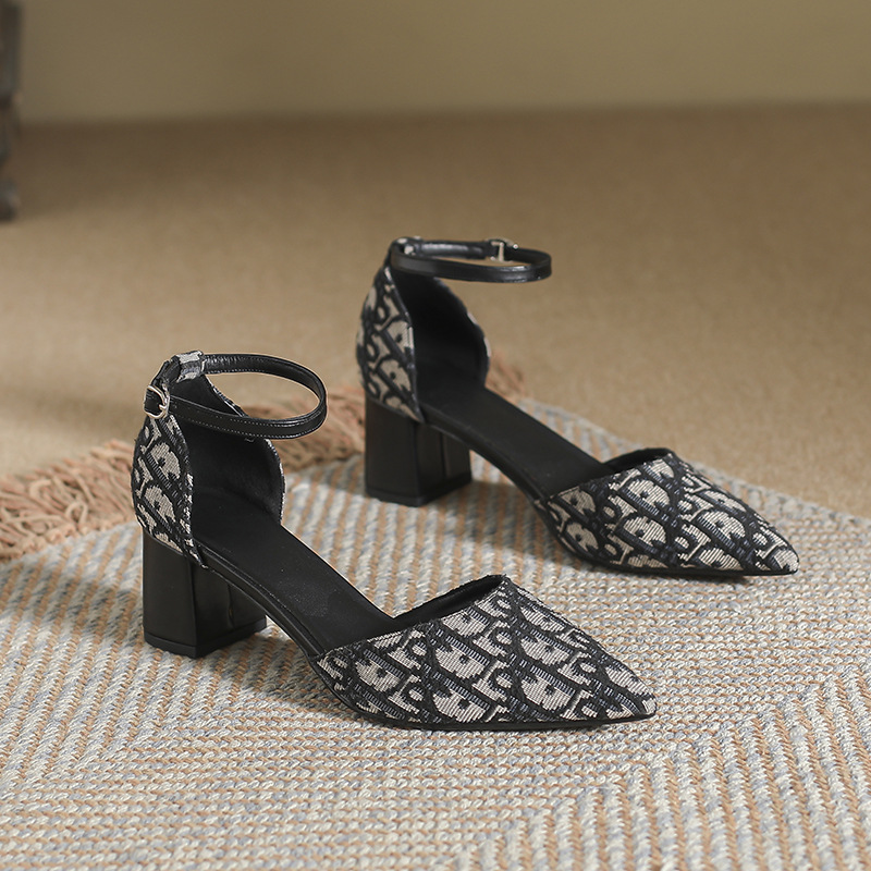 RENBEN Big-name same French Korean version pointed head temperament high heels fairy style thick heel canvas bag head hollow sandals women's shoes