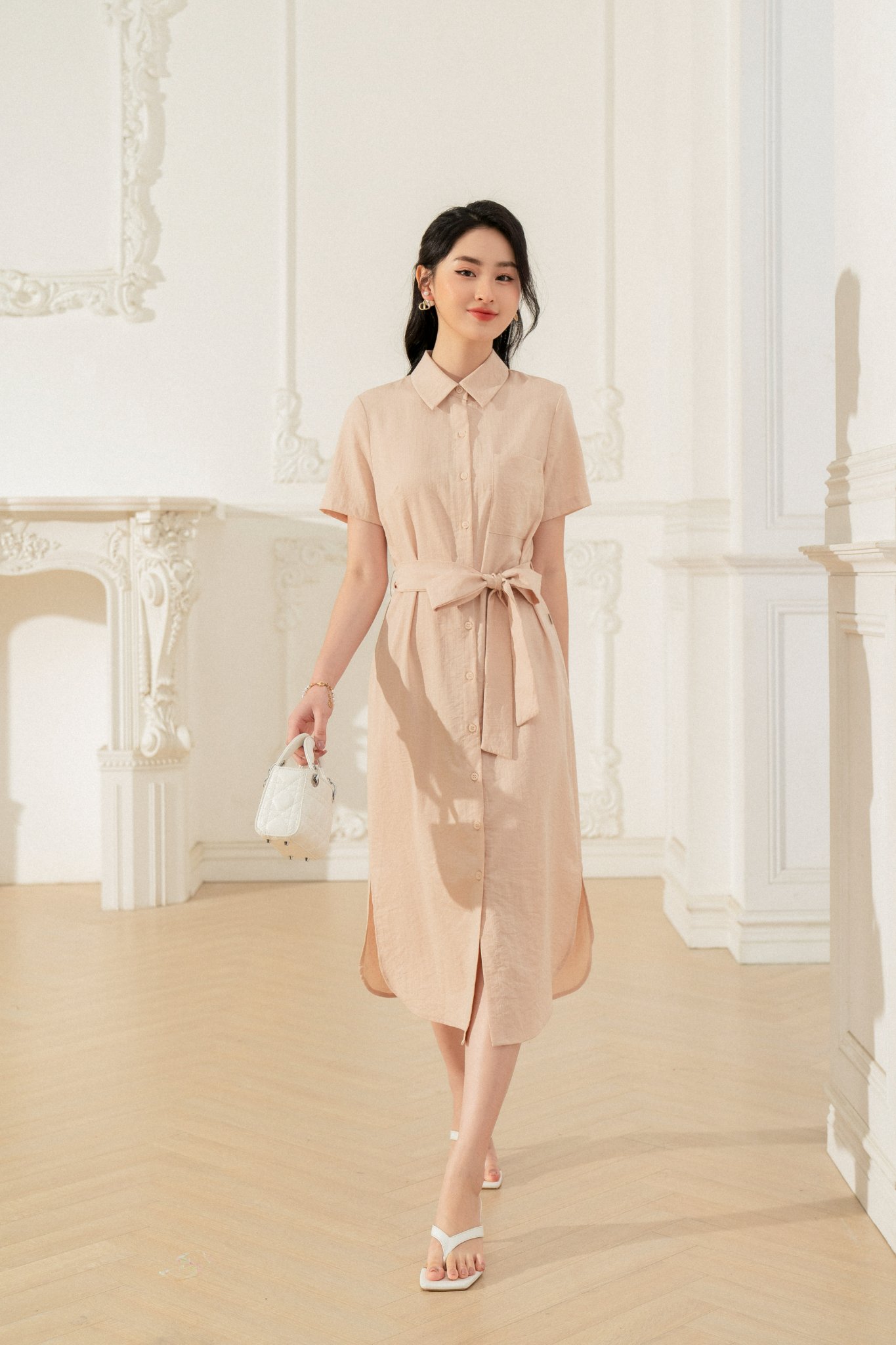 Váy suông đai eo TIIN STORE chất đũi xanh mint VHN469