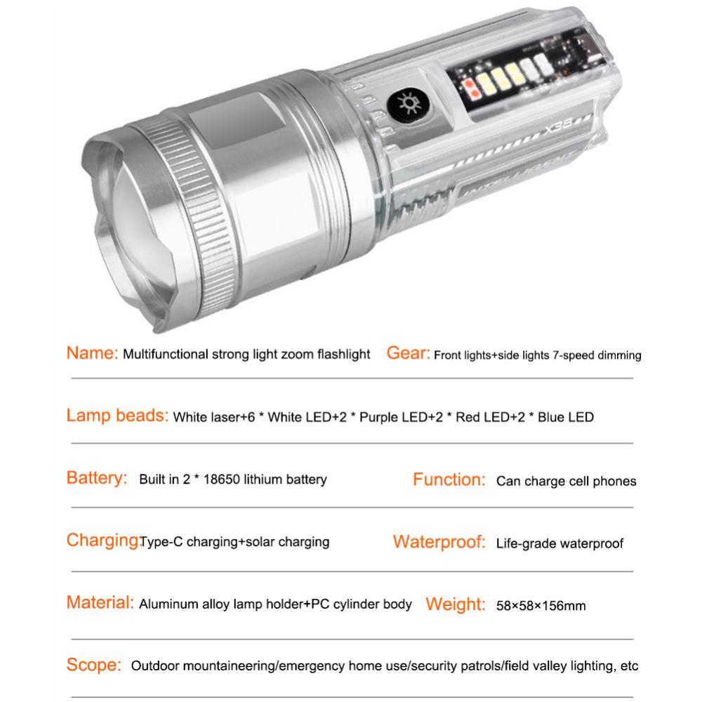 1800mAh Mini LED Flashlight Type-C Solar Rechargeable 200LM Multifunctional Torch Camping Lantern Floodlight