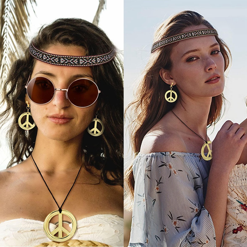 4Pcs 70s Accessories Women Hippie Costume Set Hippie Sunglasses Peace Sign  Necklace Earrings Bohemia Headband 70s Outfits For Halloween Women 70s 60s  Party Accessories