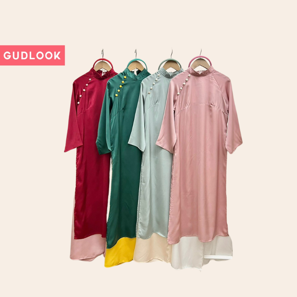 Áo Dài Lụa Nữ Cách Tân Cúc Bọc GUDLOOK Trơn 4 Màu Phối