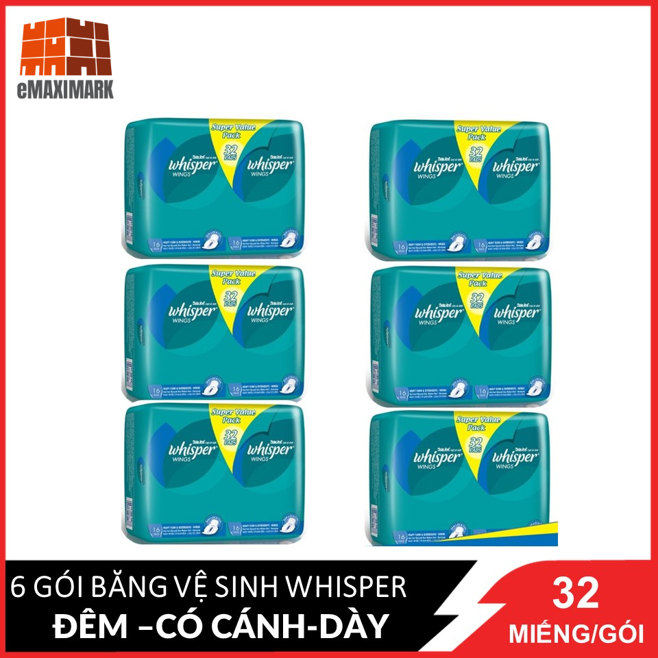 Combo 6 băng vệ sinh whisper ban đêm có cánh 28cm gói 32 miếng