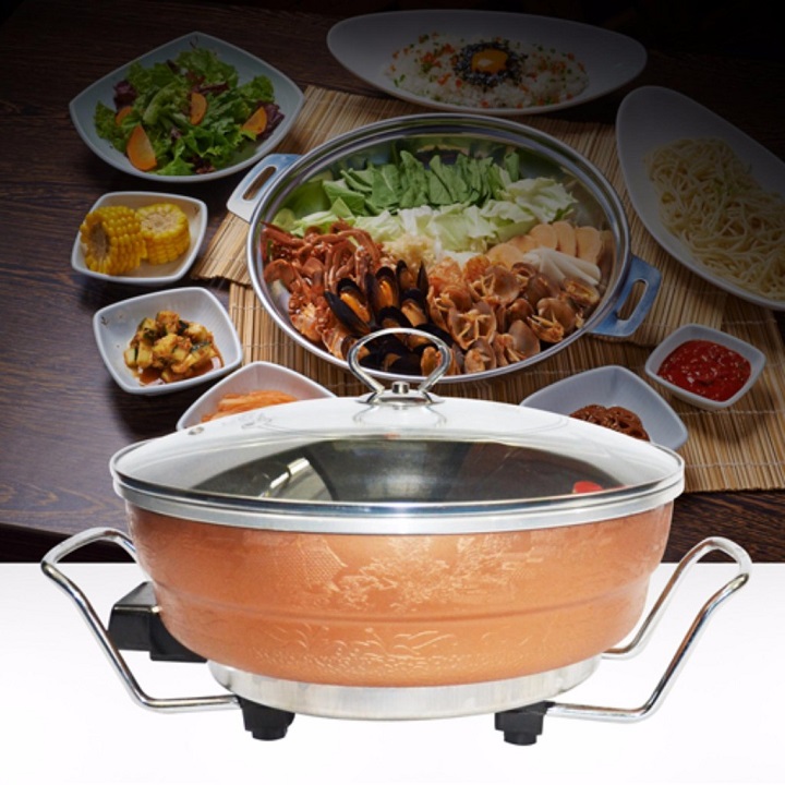Bếp lẩu nướng điện tròn đa năng 2 in 1 – nồi lẩu nướng 2 ngăn công nghệ Hàn Quốc