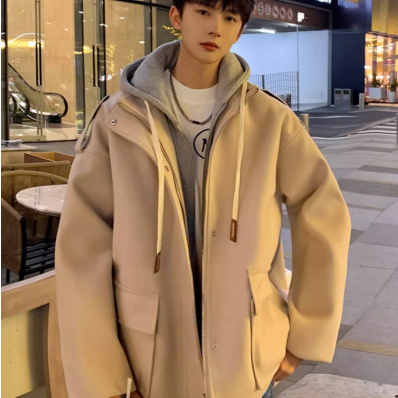ASRV Men's loose fake two-piece woolen windbreaker jacket Solid color simple zippered casual windbreaker