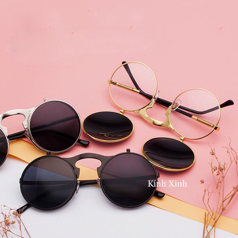 Kính râm, kính mát mắt tròn thầy bói 2 tròng mở nắp gọng lò xo kim loại - hàng hot cao cấp