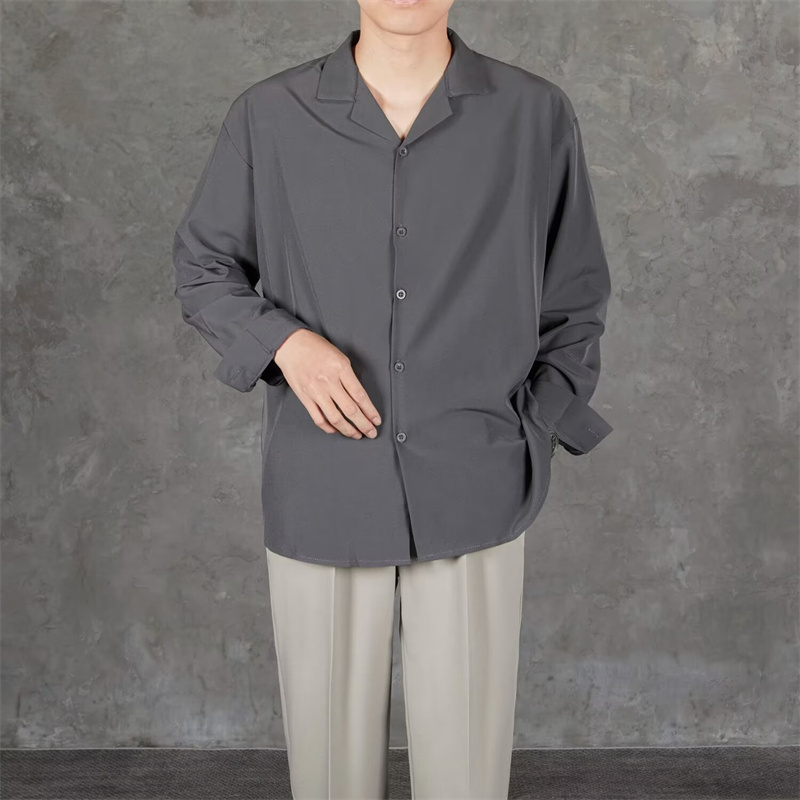 Hanlu Men's cuban collar shirt solid color casual and handsome summer thin long sleeve shirt men's fashion shirts