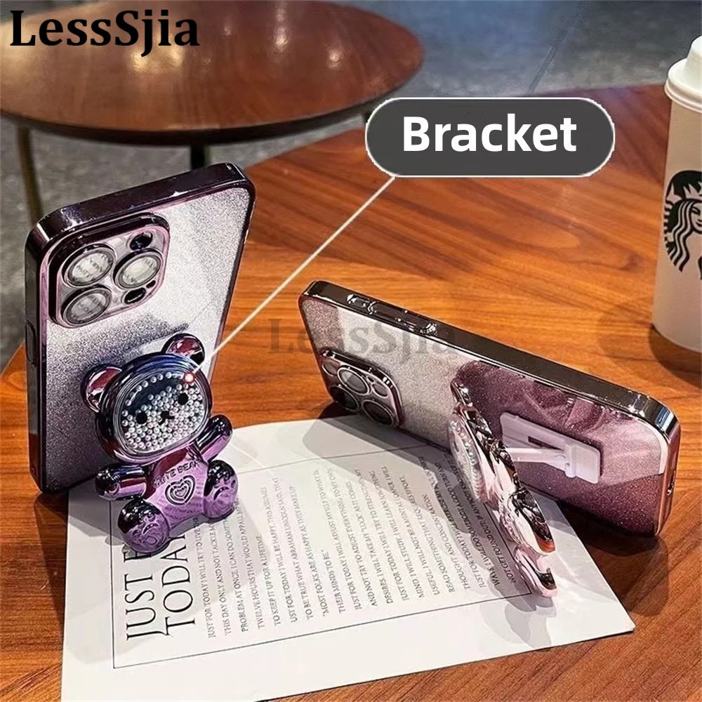 For OPPO Reno 13 Pro 13F Case with Gradient 3D Bear Folding Stand Bracket Luxury Slim 6D Plating Glitter Girls for OPPO Reno 13F 13 Pro Back Cover.