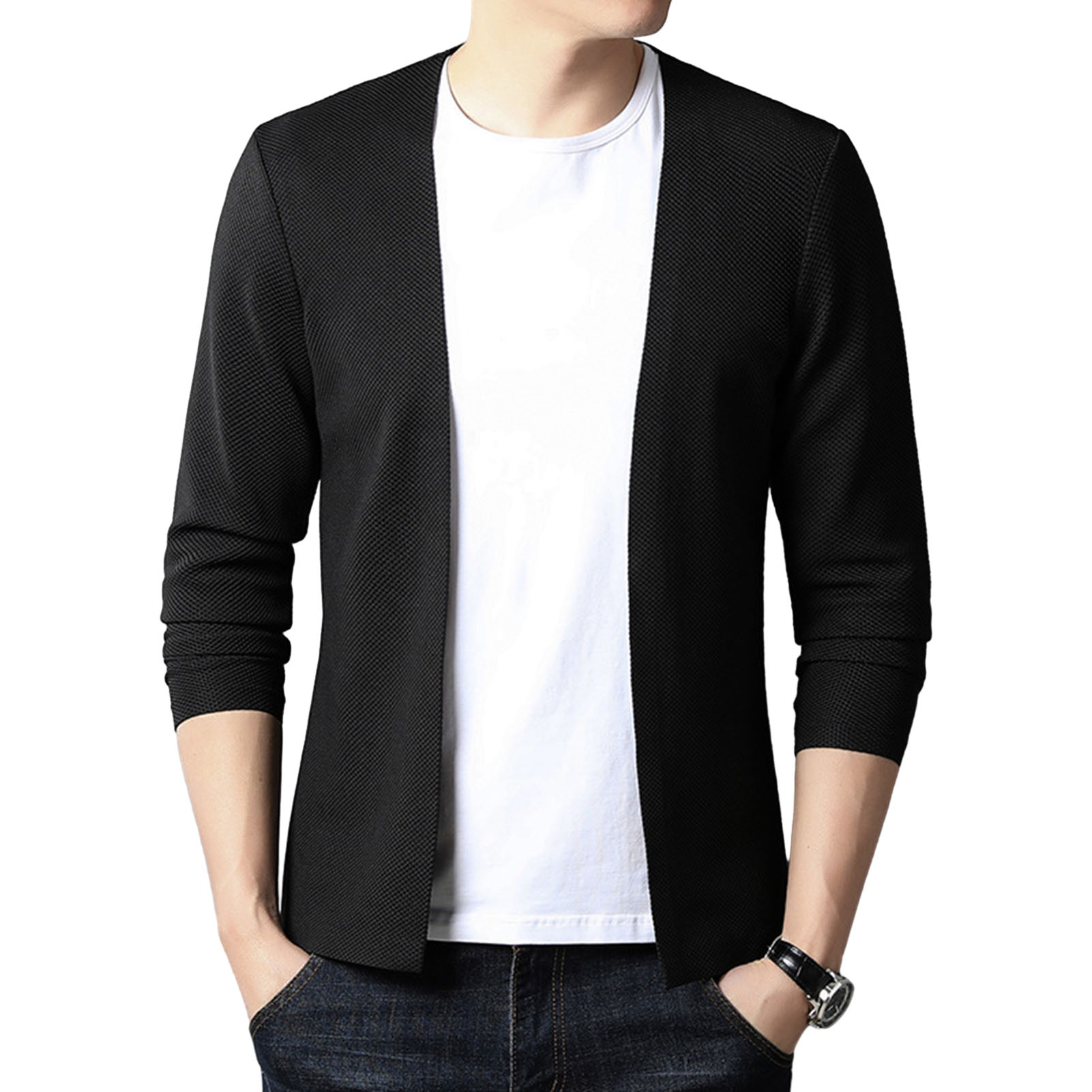 TENGL Men Spring Cardigan Men Solid Color Coat Men's Cardigan Jacket for Spring and Fall Casual and Formal Business Style Coat with Long Sleeves and Elastic Fit Thin Mid-length Design