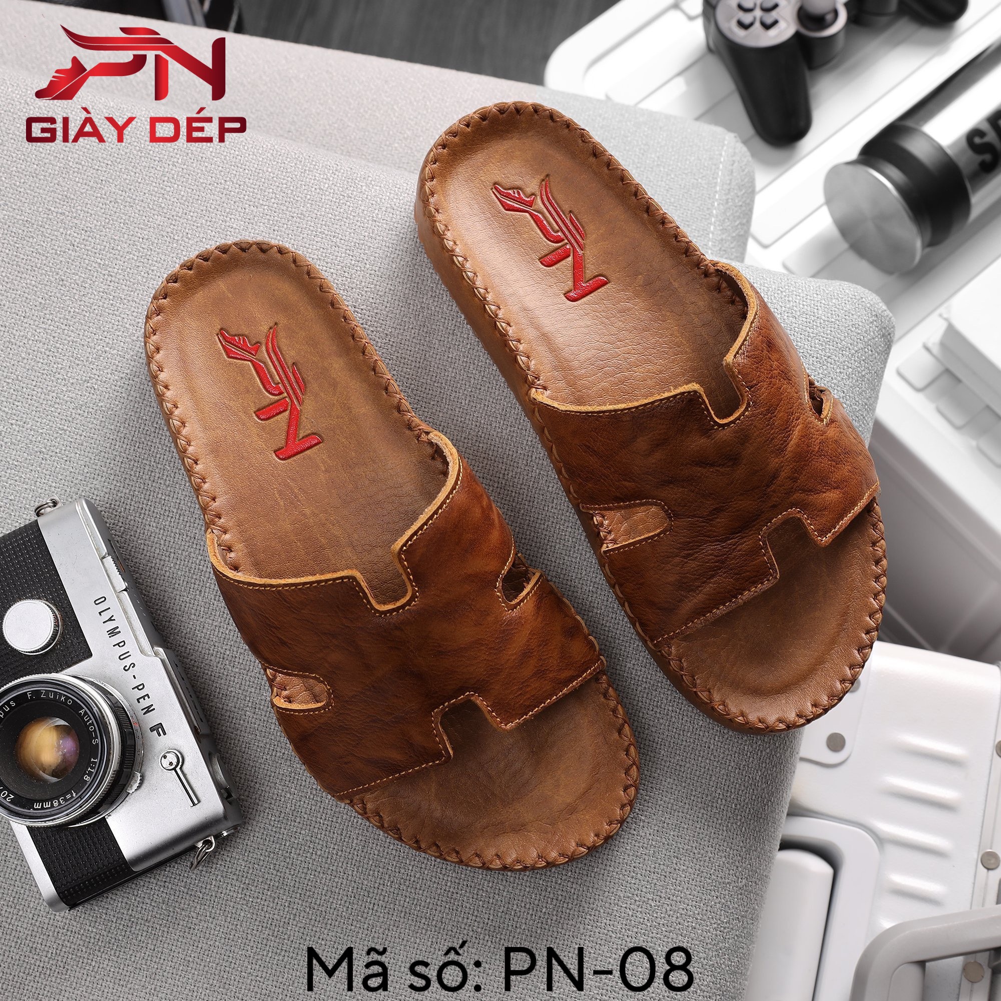 Dép nam quai ngang nam chữ H da bò cao cấp - PN08