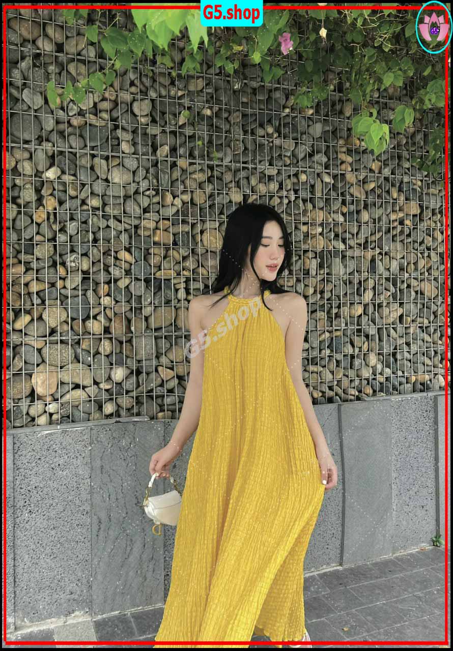Váy maxi cổ yếm dáng dài suông rộng xoè chất đũi xốp dây kết bện sợi