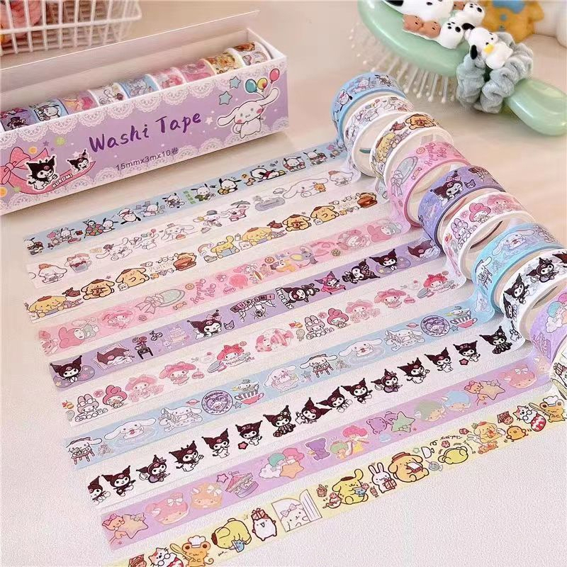 10Pcs%20Sanrio%20Washi%20Tape%20Set%20Adorable%20Kuromi,%20My%20Melody%20&%20Cinnamoroll%20Designs%20-%20Image%203