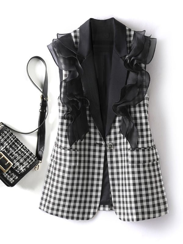 Checkered Suit Vest Women's 2023 Autumn Contrasting Collar Temperament Casual Loose Sleeveless Vest Patchwork Ruffle Edge