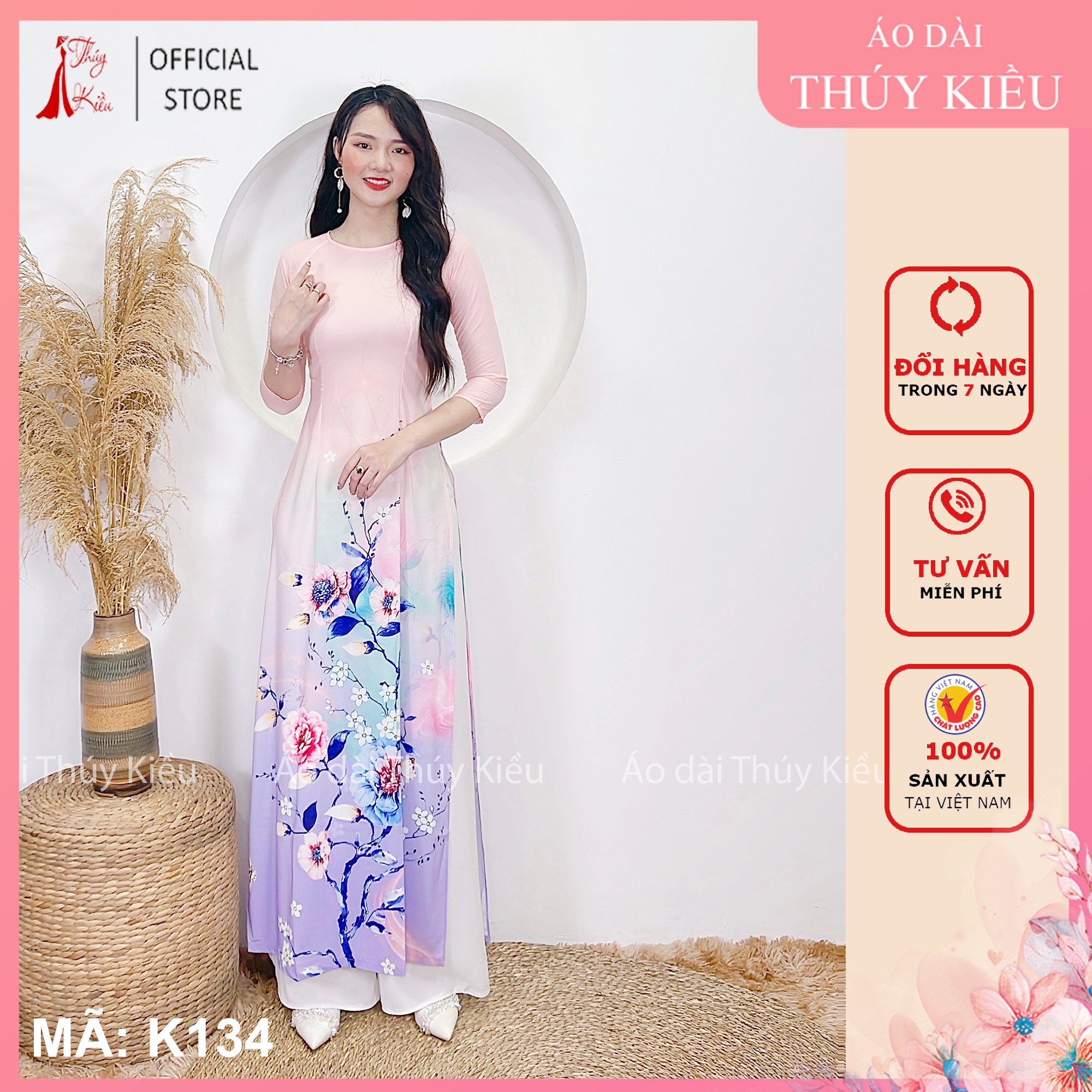 Áo dài in 3D lụa Nhật nền hồng nhạt tà tím in cành lá K134 Thúy Kiều mềm mại co giãn áo dài giá rẻ