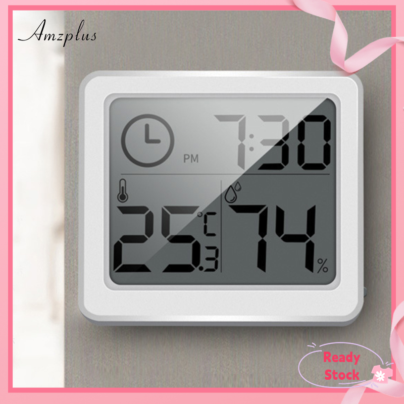 Amzplus Digital Wall Clock With 3.2inch LCD Display Temperature Time Humidity Meter For Indoor Bedroom Baby Room