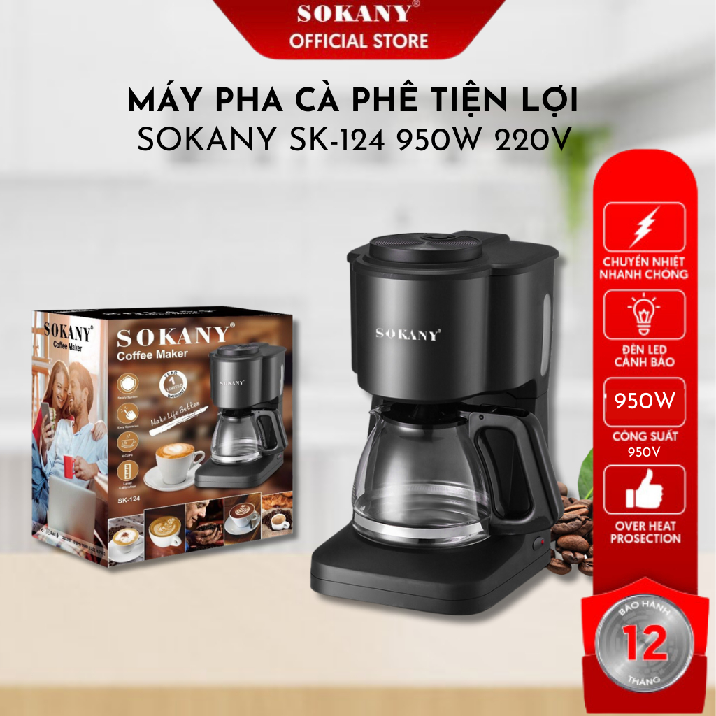Máy Pha Cafe Đa Năng -Máy Làm Cafe Cho Quán, Văn Phòng, Gia Đình, Công Ty - Máy Pha Cà Phê Giá Rẻ SOKANY SK-124 950W  Giúp Pha Chế Nhanh, Dung Tích 600ml Có Thể Pha 10-12 Tách 1 Lần, Giúp Bạn Dễ Dàng Pha Và Thưởng Thức Những Ly Cà Phê Thơm Ngon.
