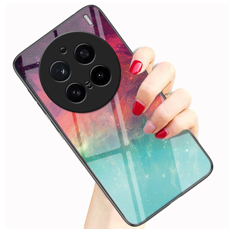 Biruiqu For VIVO X200 Pro Shockproof Starry Colorful Tempered Glass Back Soft Silicone Edge Case Cover. 