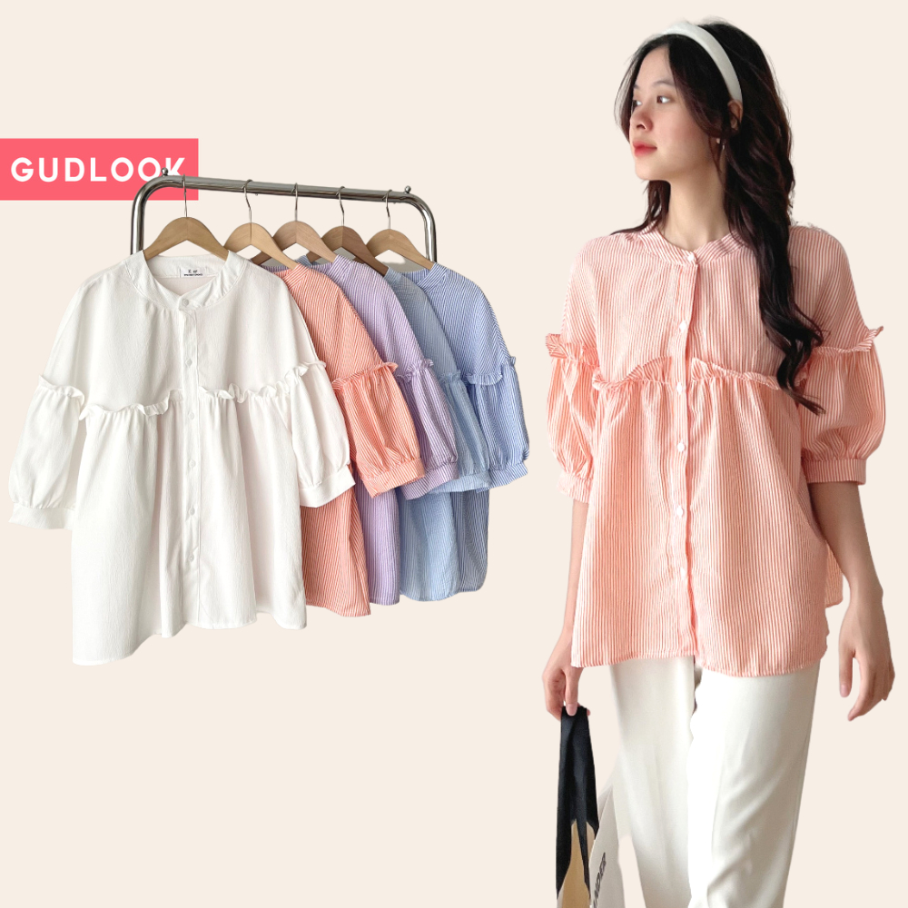 Áo babydoll kẻ sọc viền bèo gudlook tay lửng cổ trụ 4 màu