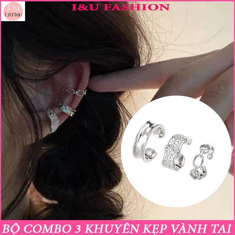 Bộ Combo 3 chiếc khuyên tai kẹp vành tai không cần bấm lỗ cá tính thời trang nhỏ nhắn dễ sử dụng thiết kế 3 mẫu độc đáo kim loại màu bạc sáng bóng ấn tượng KT-151