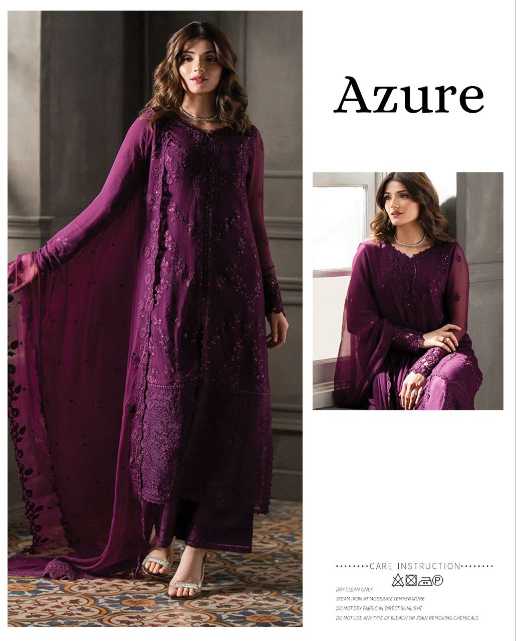 Elegant Azure Chiffon Heavy Embroidered 3PC Unstitched Suit with ...