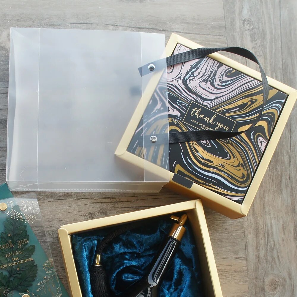 15 15 6.5cm 3set Gold Black Marble Thank You Design Paper Box + Bag As