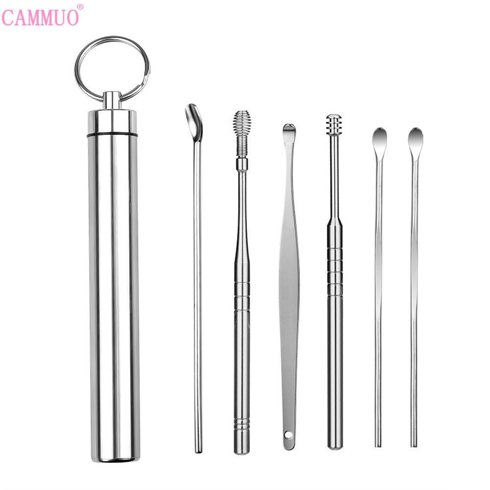 Cammuo 6Pcs/set Earwax Remover Stainless Steel Earpick Wax Remover Stainless Steel Spiral Ear Cleaning Tool