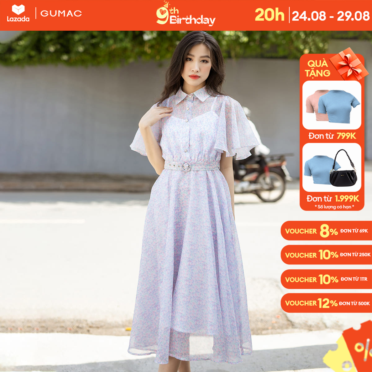 Đầm dáng a xòe gumac dd08077 phối tay kiểu